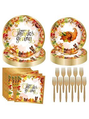 Thanksgiving Autumn Decor-96 PCS Autumn Thanksgiving Disposable Dinnerware Set